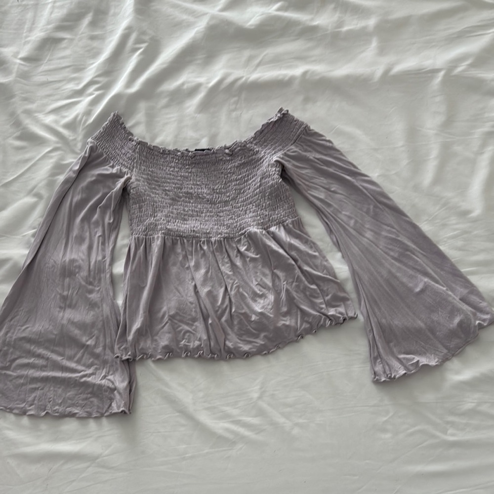 Off-Shoulder Gray Bell Sleeve Top